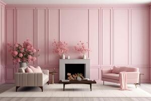 Stylish living room interior design, pink soft chair, plants and fireplace . photo