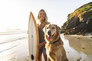 joven mujer y su perro utilizando supboard en el playa. ai generado foto