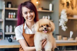 linda perro a peluquero salón, ai generado foto