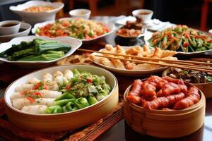 Chinese new year festival table over red background. Traditional lunar new year food. photo