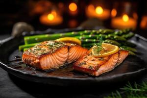 Grilled salmon and vegetables, photo