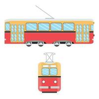 Retro tram flat. Train on tramway, metro and old tram, tram isolated on blue background vector