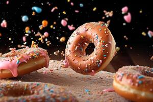 Colorful donuts falling and crashing, photo