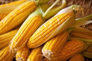 Ripe raw corn ears, autumn harvest, photo