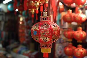 rojo chino tradicional linternas en rojo fondo, ai generado foto