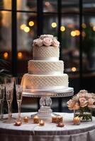 Beautiful designer wedding cake with floral decorations, photo