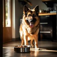 hambriento perro con triste ojos es esperando para alimentación en hogar cocina. generativo ai foto