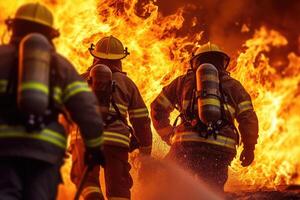 Two uniformed firefighters putting off pire, unrecogzinable people, . photo