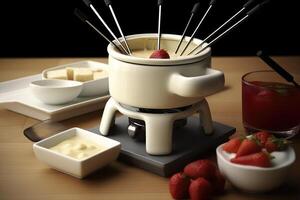 cheese fondue with fondue set, crouton of bread and many cheese, photo