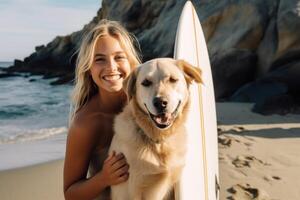 Young woman and her dog using supboard on the beach. photo