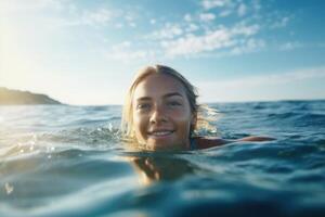 joven mujer en su 30 años antiguo nadando en supboard en el playa. ai generado foto