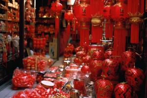 rojo chino tradicional linternas en rojo fondo, ai generado foto