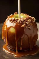 Delicious caramel apple wooden stick on plate. photo