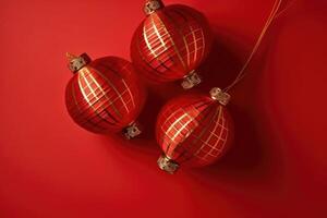 two red chinese traditional lanterns on red background, photo