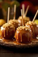 Delicious caramel apple wooden stick on plate. photo