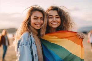 Two women friends hanging out in the city waving LGBT with pride flag. photo