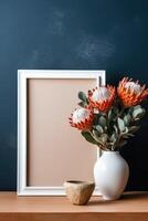 Empty white frame mockup with Scandinavian look, protea flowers in vase, photo