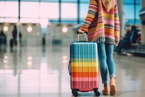 Unrecognizable woman with suitcase standing at the airport, photo