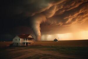 súper ciclón o tornado formando destrucción terminado un poblado paisaje con un hogar o casa en el forma. ai generado foto