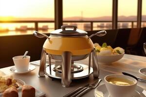 cheese fondue with fondue set, crouton of bread and many cheese, photo