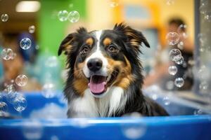 linda perro tomando bañera con jabón burbujas ai generado foto