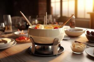 cheese fondue with fondue set, crouton of bread and many cheese, photo