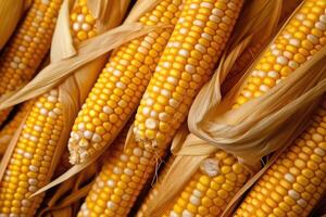 Ripe raw corn ears, autumn harvest, photo