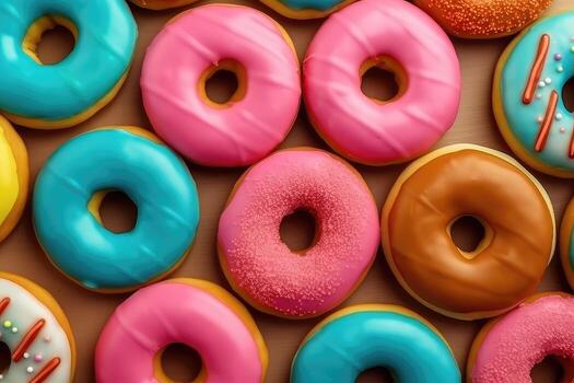 Colorful pattern of donuts, photo