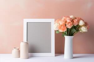 Empty white frame mockup with Scandinavian look, ranunculus flowers in vase, photo