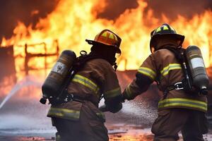 Two uniformed firefighters putting off pire, unrecogzinable people, . photo