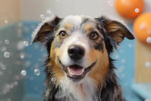 Cute dog taking bath with soap bubbles. photo