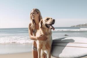 Young woman and her dog using supboard on the beach. photo