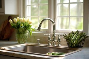 Fresh asparagus in kitchen sink, photo