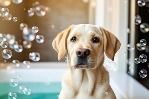 linda perro tomando bañera con jabón burbujas ai generado foto