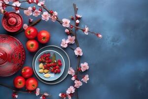 Chinese New Year festival decorations, mandarins, flowers, envelopes . Flat lay, top view. photo