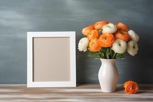 Empty white frame mockup with Scandinavian look, ranunculus flowers in vase, photo
