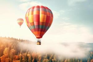 vistoso caliente aire globos en vuelo, ai generado foto