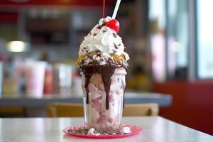 fresa hielo crema y chocolate freakshake en tarro en mesa en restaurante, ai generado foto