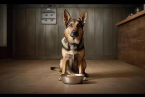 Hungry dog with sad eyes is waiting for feeding in home kitchen. photo