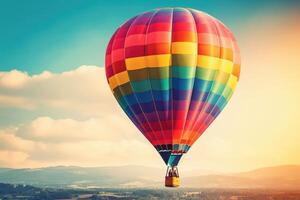 vistoso caliente aire globos en vuelo, ai generado foto