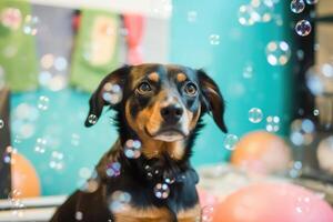 linda perro tomando bañera con jabón burbujas ai generado foto