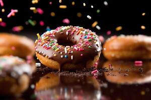 Colorful donuts falling and crashing, photo