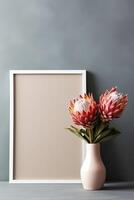 Empty white frame mockup with Scandinavian look, protea flowers in vase, photo