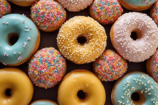 Colorful pattern of donuts, photo