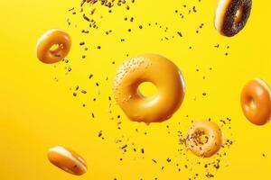 Colorful donuts falling and crashing, photo