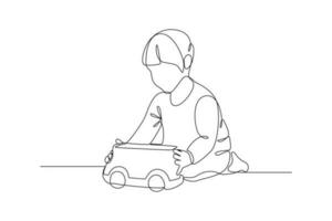 Single one-line drawing happy boy playing toy car. Children playing with toys concept. Continuous line drawing illustration vector