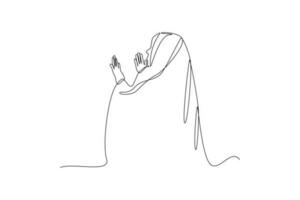 Single one-line drawing a woman praying in Mecca. Hajj and Umrah activity concept. Continuous line drawing illustration vector