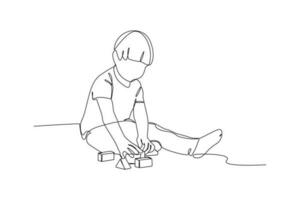 Single one-line drawing boy playing blocks. Children playing with toys concept. Continuous line drawing illustration vector