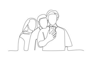 Single one-line drawing three best friends selfie in class. Diversity in college concept. Continuous line drawing illustration vector