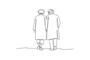 Continuous one-line drawing grandparents walking together. Grandparent day concept. Single line drawing design graphic vector illustration